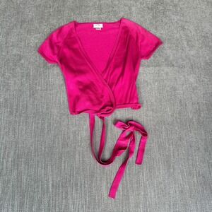 BCBG Max Azria Wrap Cardigan Womens Medium Pink Knit Short Sleeve Self-Tie Waist